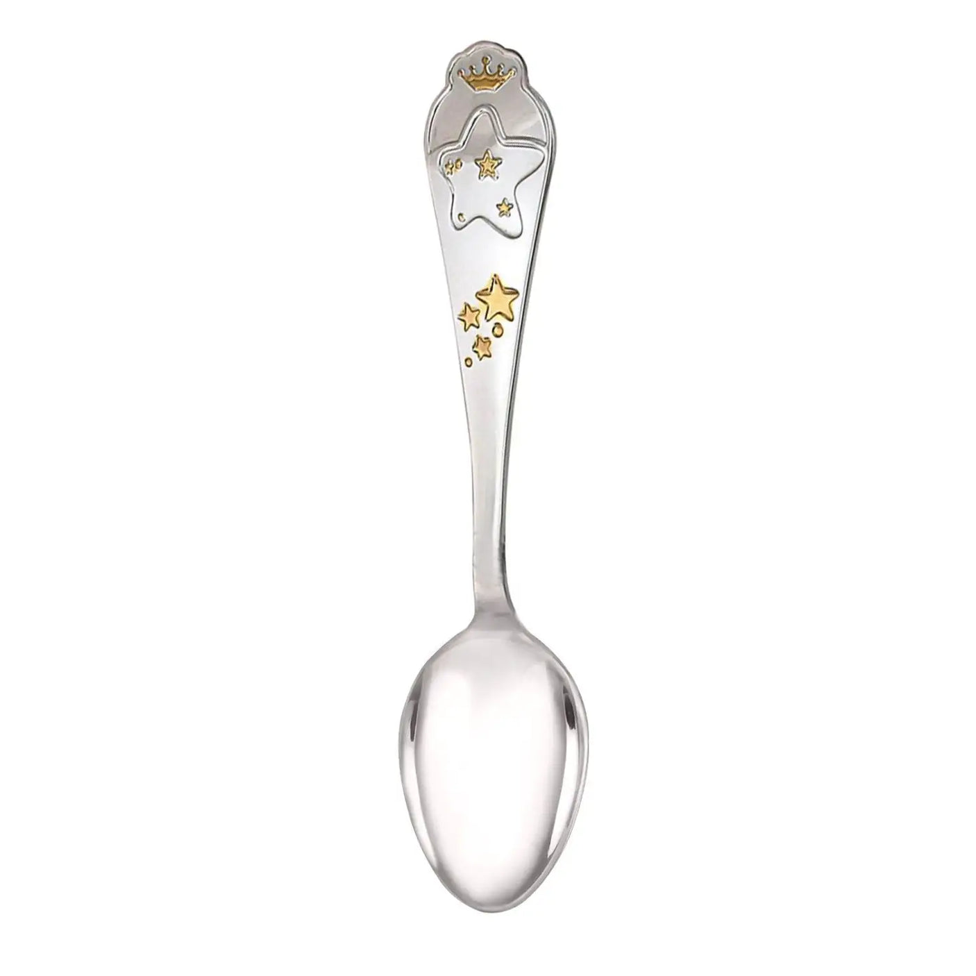 Kinderlöffel mit Sternen & Krone aus 925 Silber – vergoldet, Geschenk zur Geburt oder Taufe.