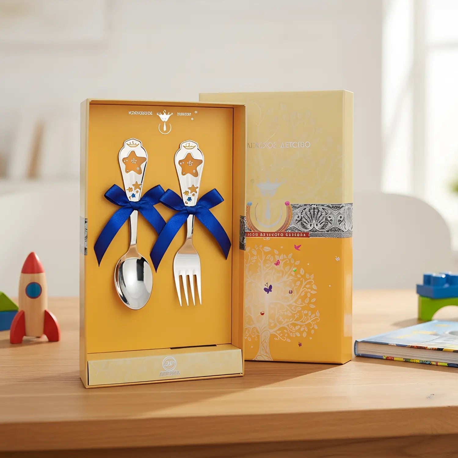 Kinderbesteck Set Sterne Gelb - Blau – 2 - teilig 925 Silber vergoldet