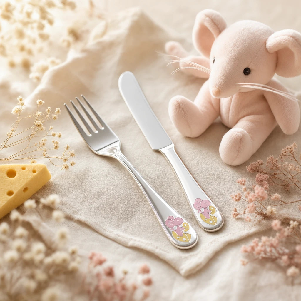 Silber-Kinderbesteck 925 mit rosa-gelbem Maus-Käse-Emaille-Motiv auf cremefarbenem Leinen mit rosa Plüschmaus als Motiv-Echo — Lifestyle