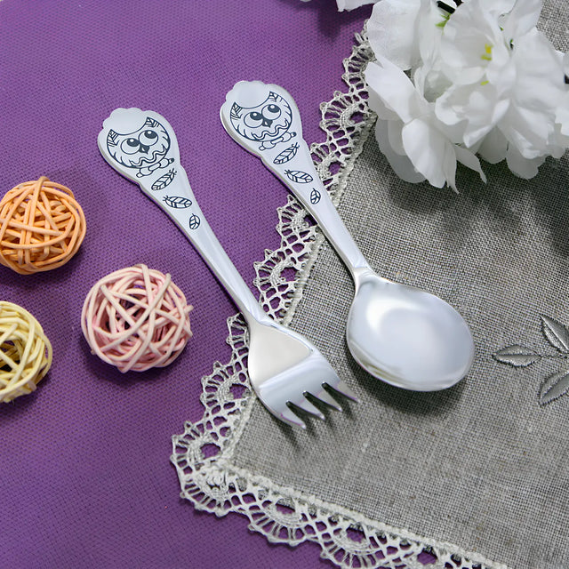 Kinderbesteck Set "Eulen" - 925 Silber, Niello - Verierung