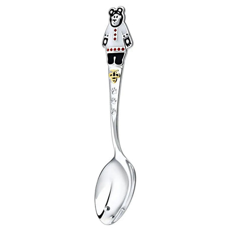 Silberlöffel aus 925 Silber mit Bärenfigur, bunt emailliert mit Pfotenspuren und goldener Verzierung.