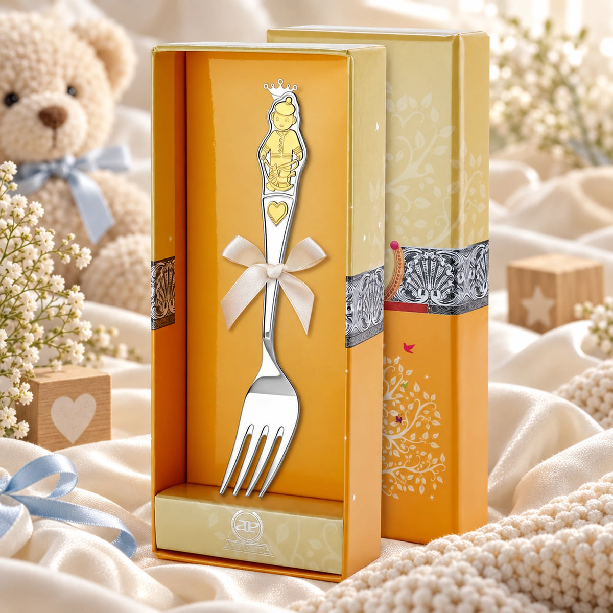 Kindergabel 925 Silber Jungen-Motiv vergoldet in der Geschenkbox — Lifestyle-Setting, Geschenk zur Geburt und Taufe