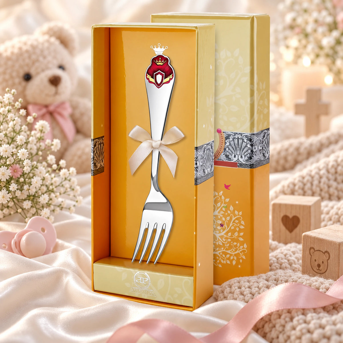 Kindergabel 925 Silber Prinzessinnen-Wappen aus Emaille in der Geschenkbox — Lifestyle-Setting, Geschenk zur Geburt und Taufe