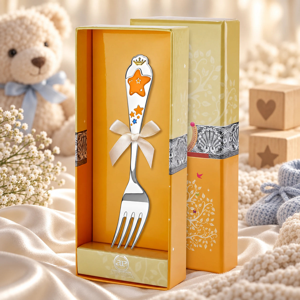 Kindergabel 925 Silber gelb-blauer Stern aus Emaille in der Geschenkbox — Lifestyle-Setting, Geschenk zur Geburt und Taufe