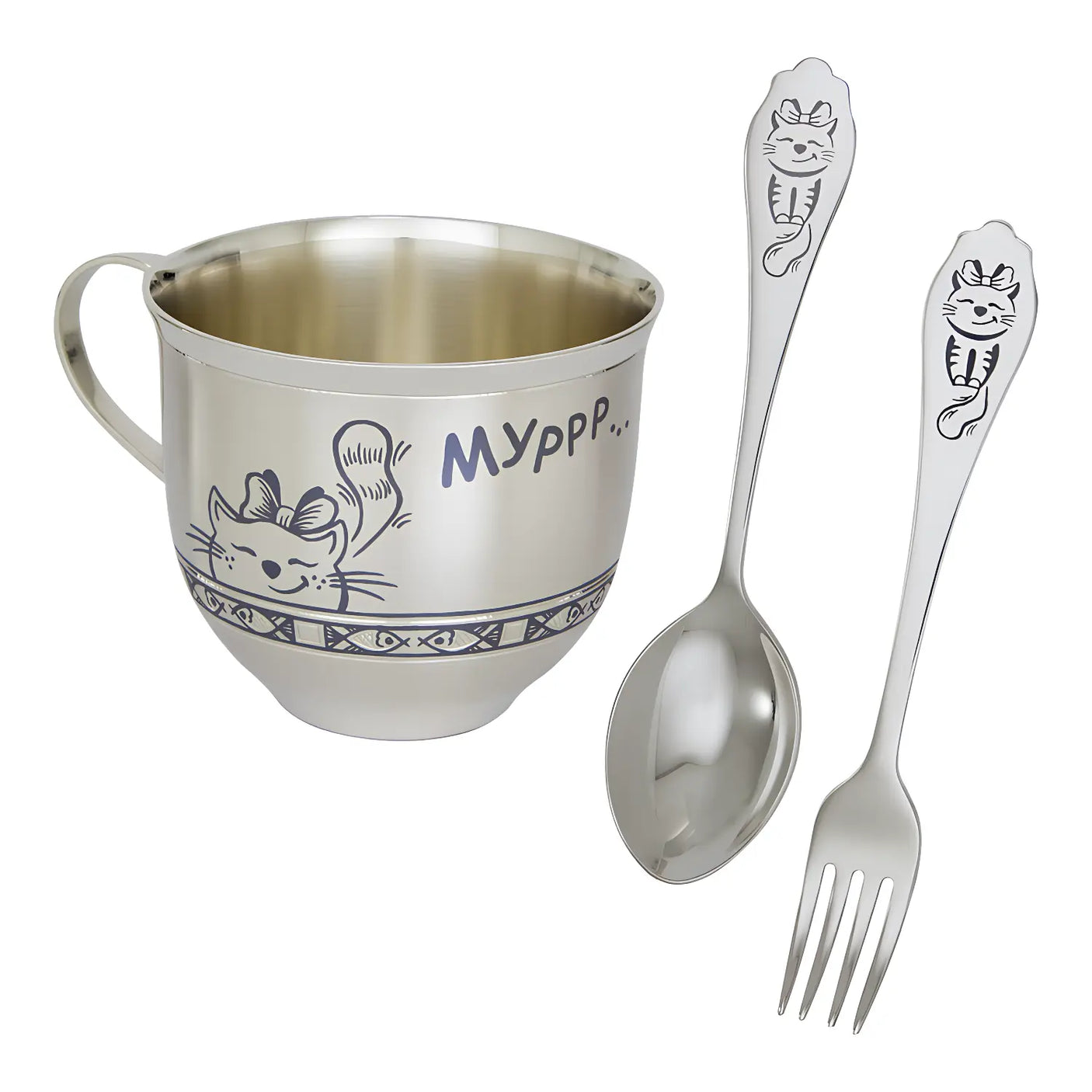 Kinderset „Murlyka-Mädchen“ – Silberbecher, Gabel & Löffel mit Katzenmotiv aus 925 Silber, Niello-Verzierung.