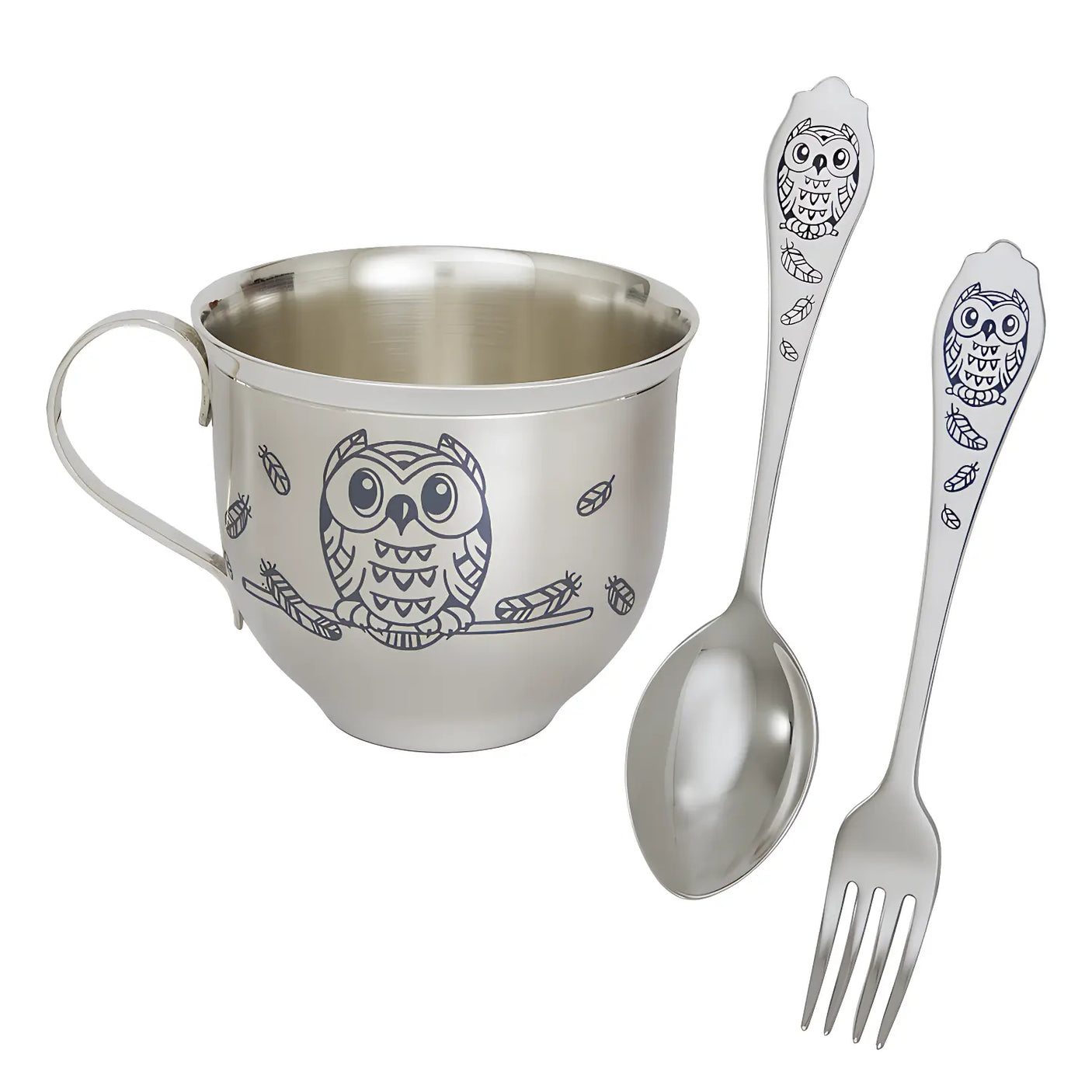 Kinder Set „Eulen“ – Silber mit Niello & Gravur