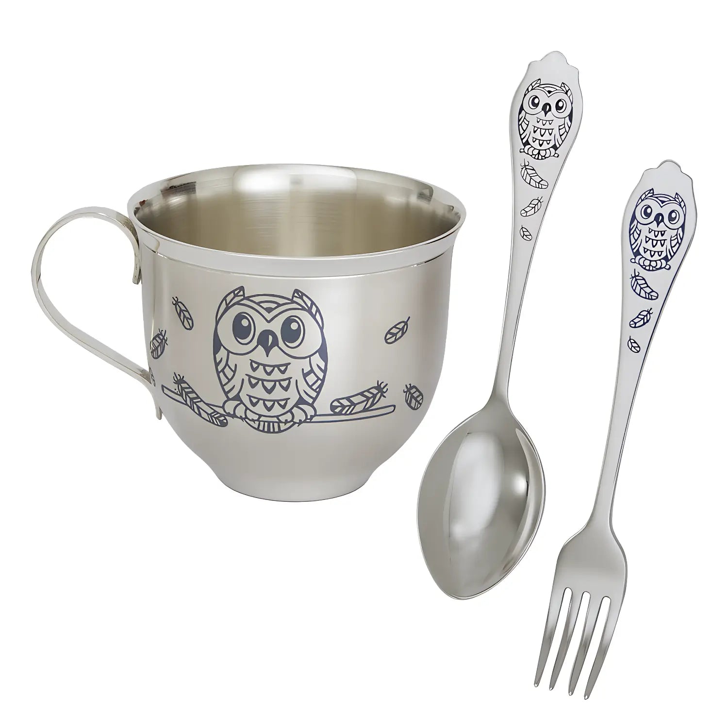 Kinder Set „Eulen“ – Silber mit Niello & Gravur