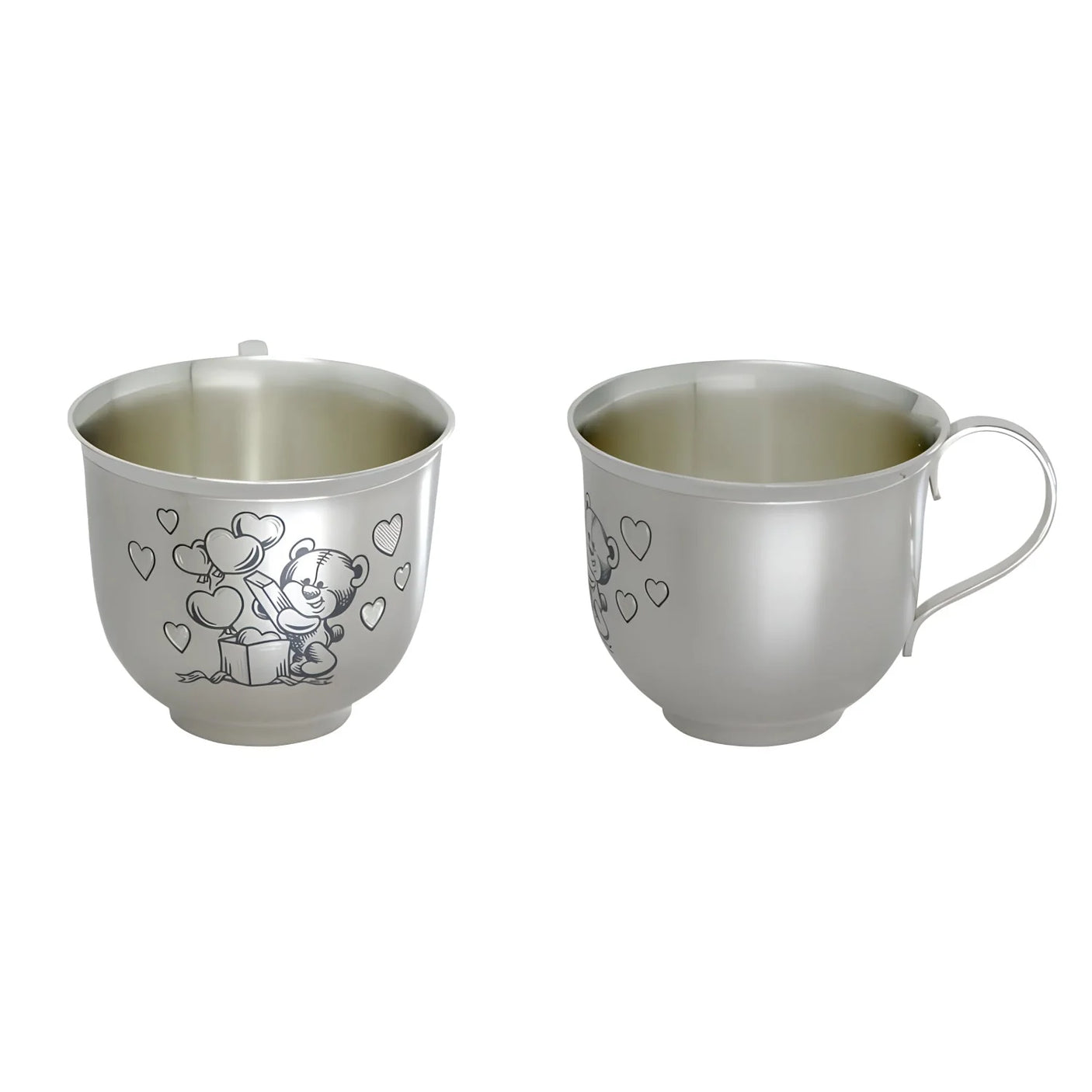 Kinderbecher 925 Silber Niello Teddybär — zwei Ansichten, Front mit Bär-Motiv und Seite mit Henkel, Taufgeschenk