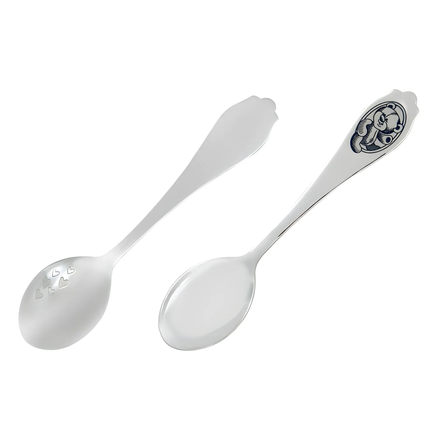 Kinderlöffel 925 Silber Niello — Vorder- und Rückseite, Herzen in der Laffe und Teddybär-Medaillon, Geschenk zur Taufe