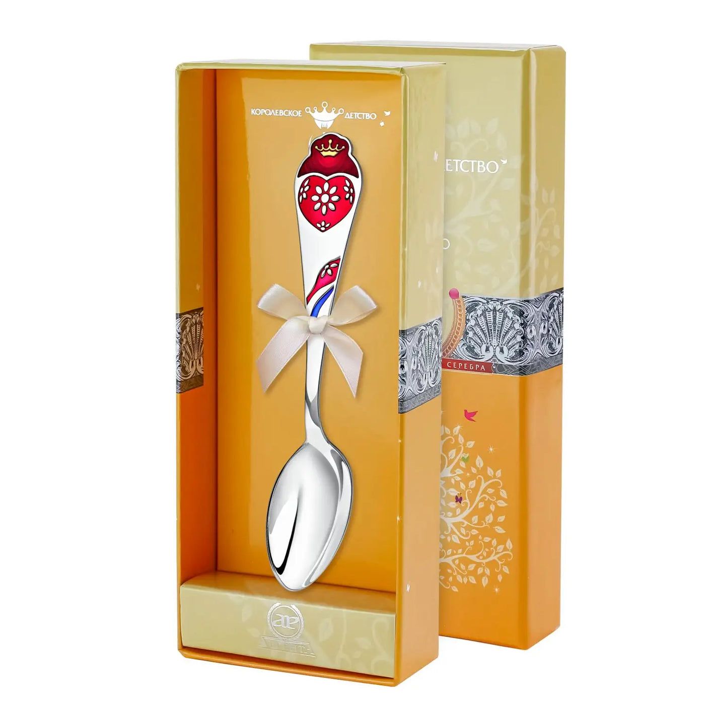 Kinderlöffel 925 Silber Herz – mit roter Emaille und Vergoldung als Tauf- oder Geburtsgeschenk in edler Geschenkbox.