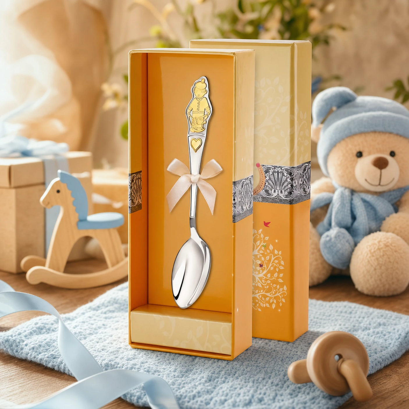 Kinderlöffel 925 Silber Junge vergoldet — Löffel mit goldener Jungenfigur im Etui neben blauem Teddy, Geschenk zur Geburt