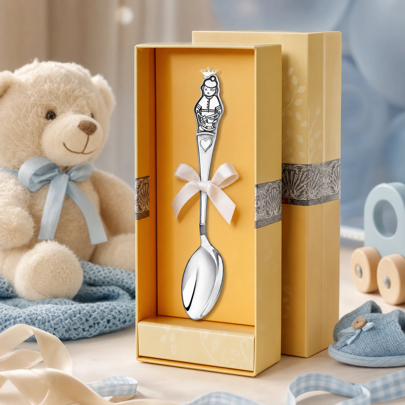 Kinderlöffel 925 Silber mit geschwärztem Jungen-Motiv — Lifestyle-Setting, Geschenk zur Geburt für Jungen
