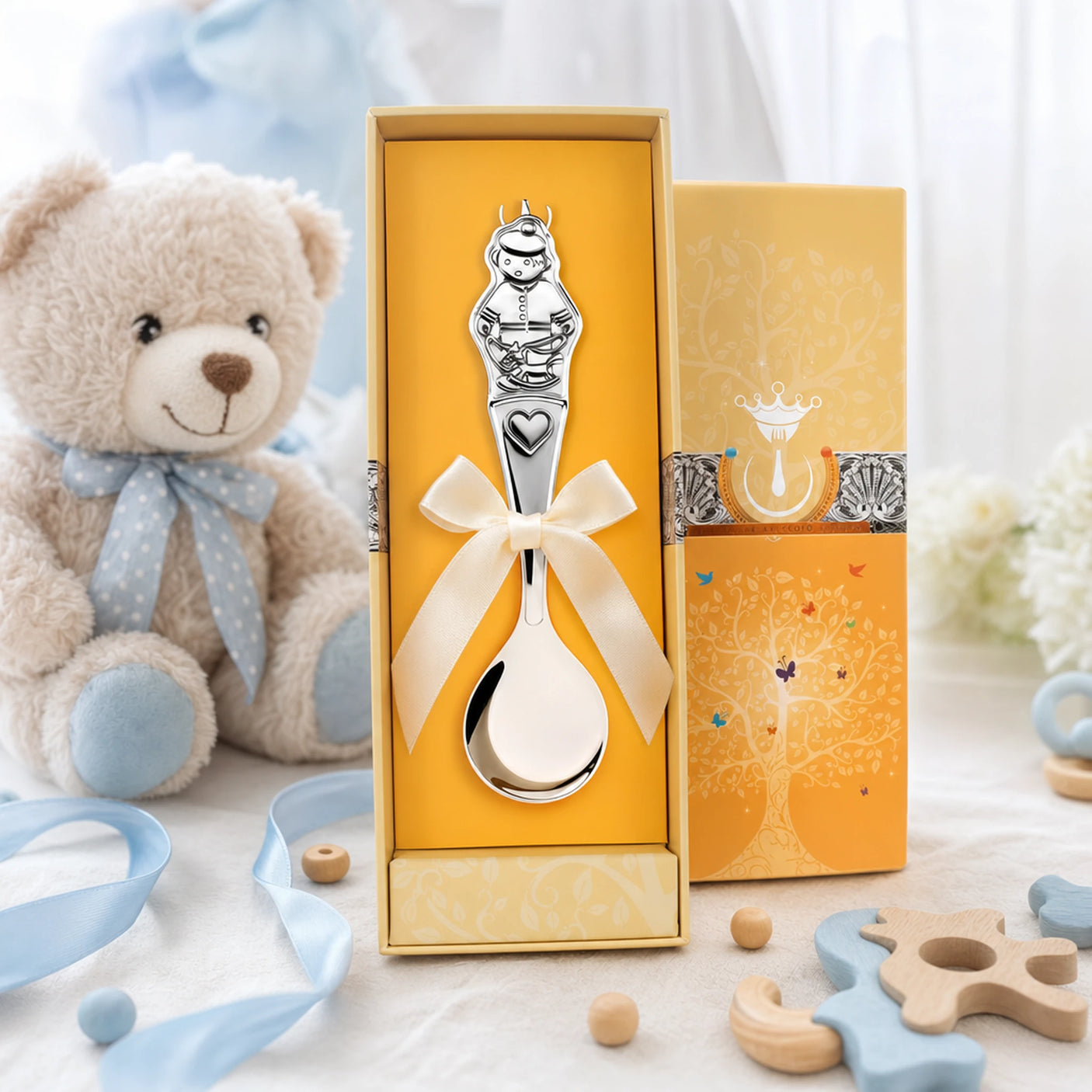 Kinderlöffel 925 Silber Junge — Lifestyle in goldgelber Geschenkbox mit Teddybär und blauen Props