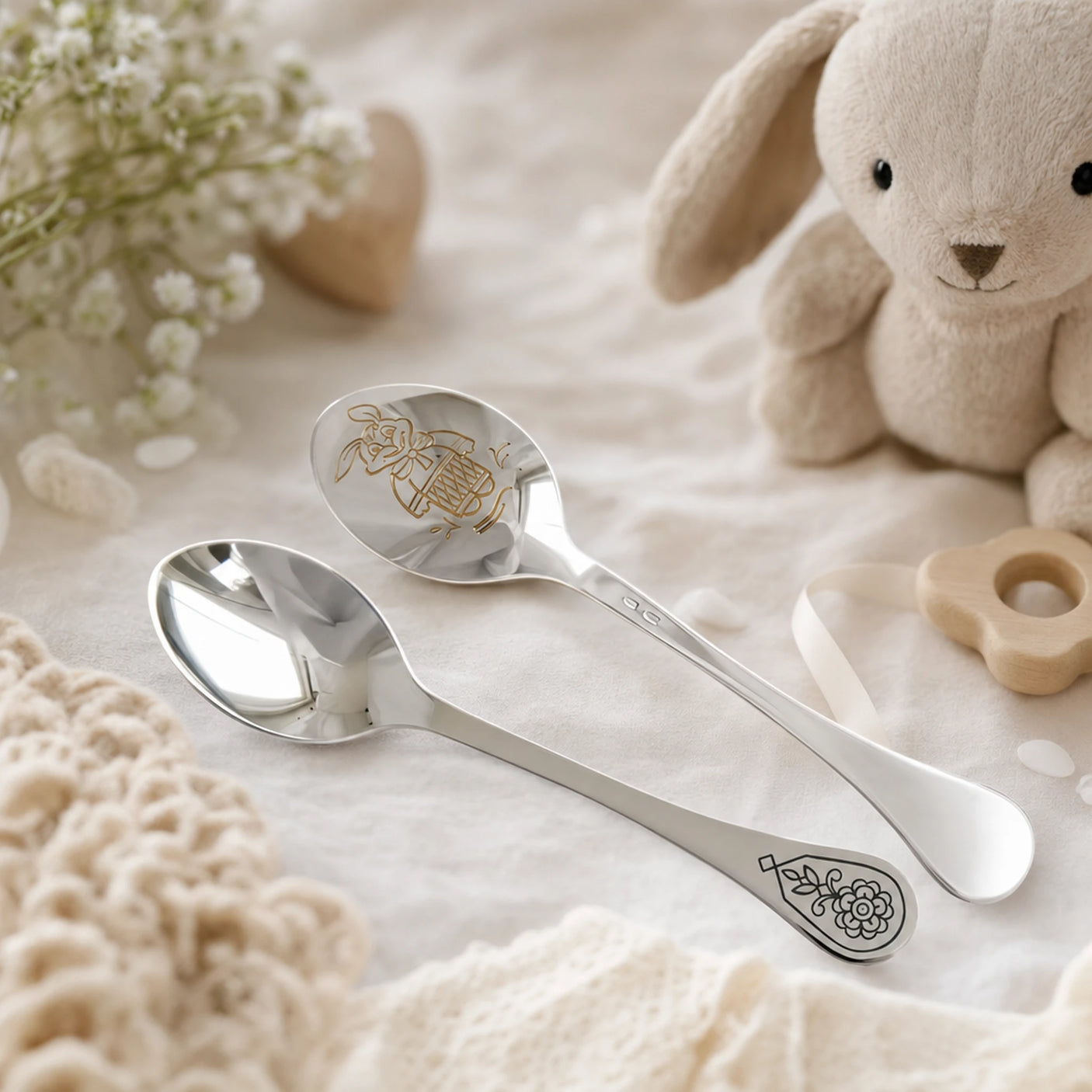 Kinderlöffel 925 Silber mit vergoldetem Niello-Hasen-Motiv — Lifestyle-Setting, Geschenk zur Geburt
