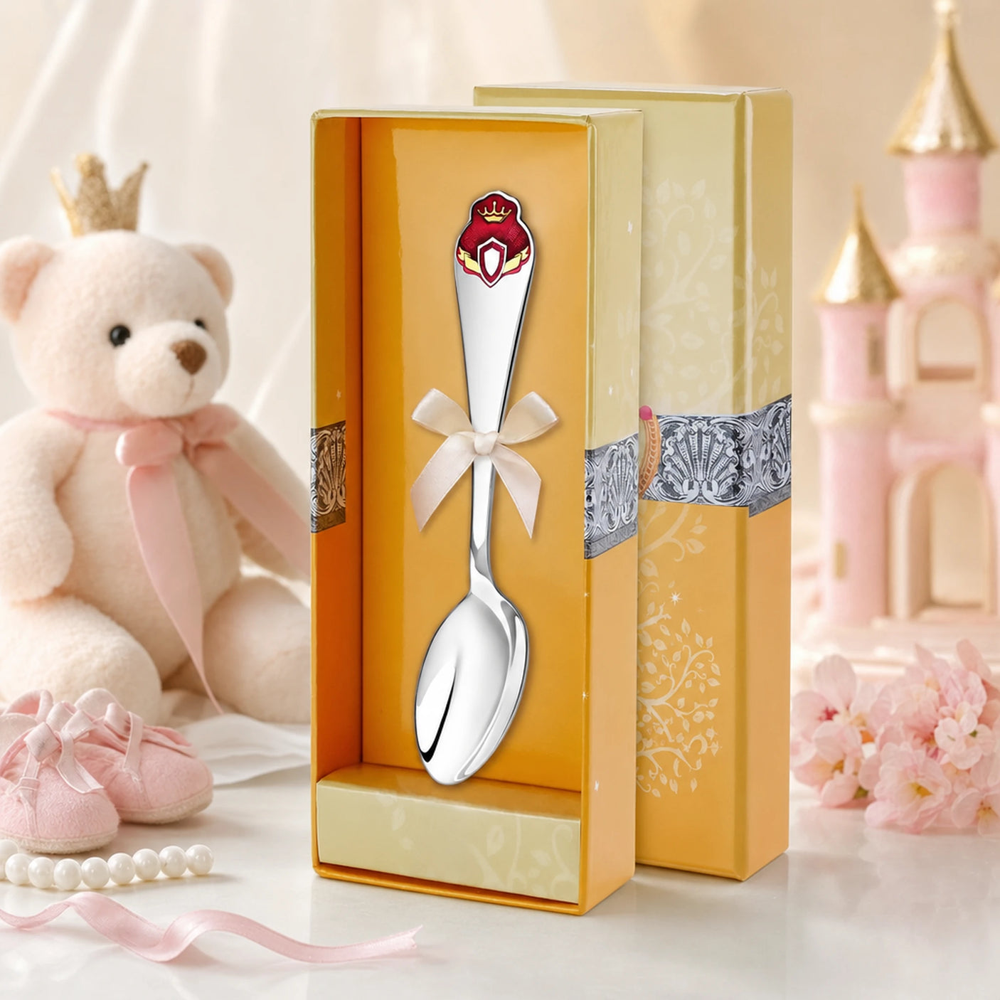 Kinderlöffel 925 Silber mit Prinzessin-Motiv — Lifestyle-Setting, liebevolles Geschenk zur Geburt für Mädchen