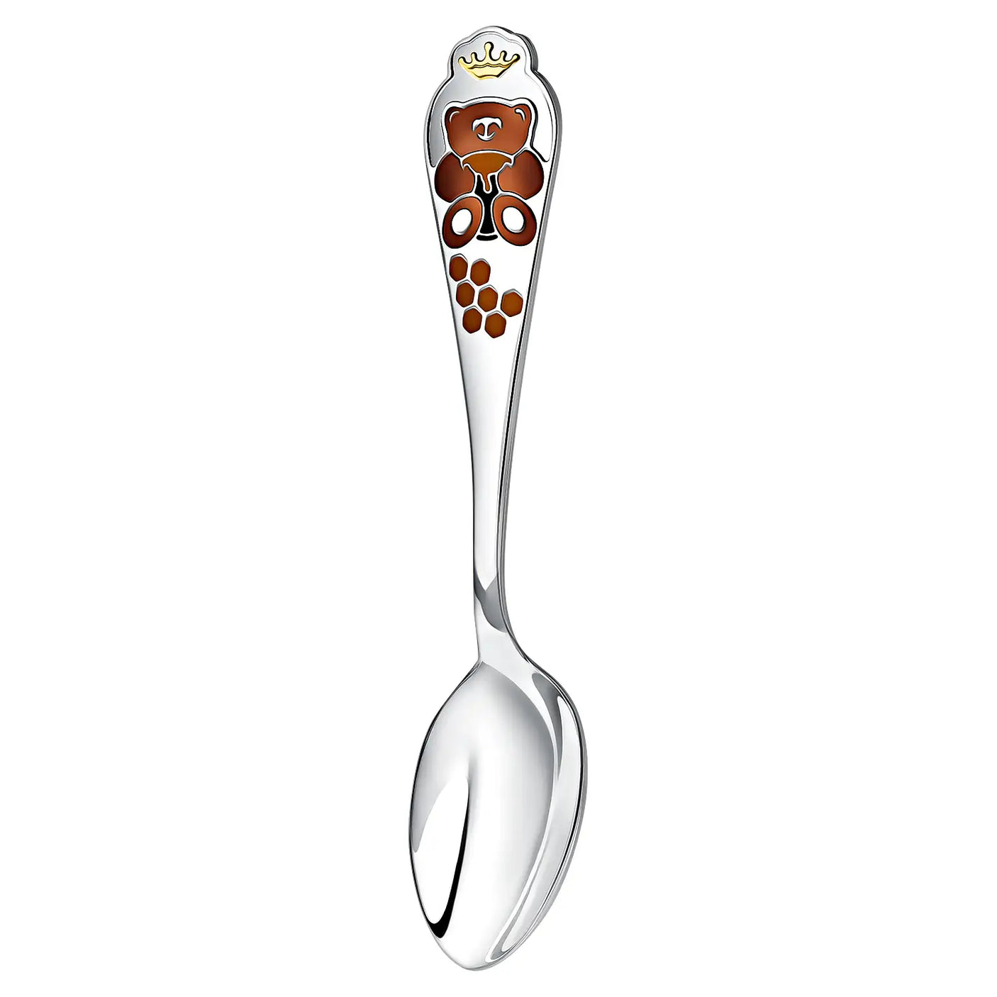 Kinderlöffel 925 Silber mit braun-gelbem Teddybär-Design und goldener Krone – gravierbares Taufgeschenk.