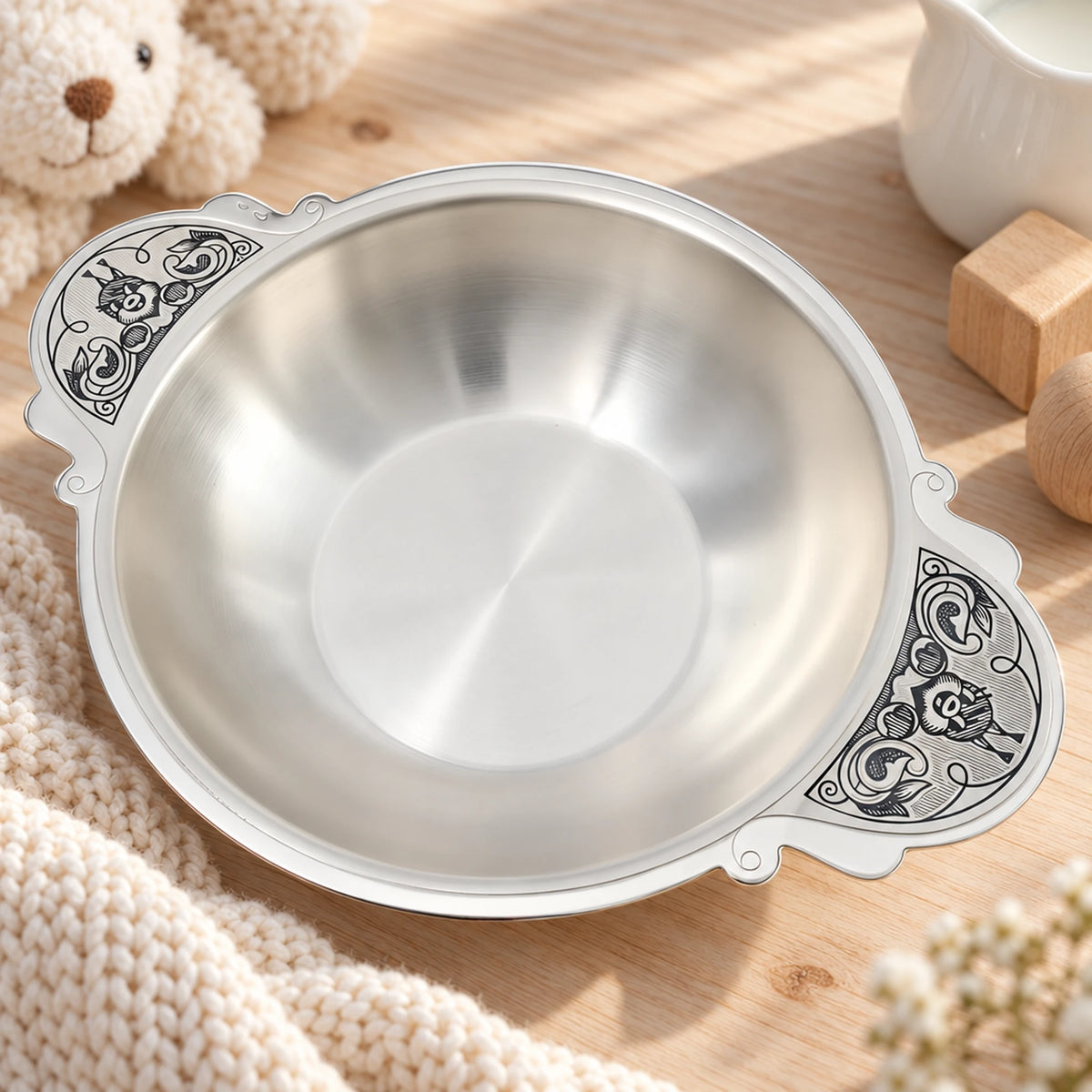 Kinderteller 925 Silber Eichhörnchen in Niello — Lifestyle-Setting, Geschenk zur Geburt und Taufe