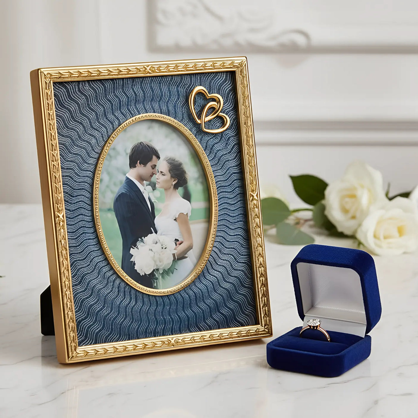 Bilderrahmen Hochzeit vergoldet mit Guilloche - Emaille grau