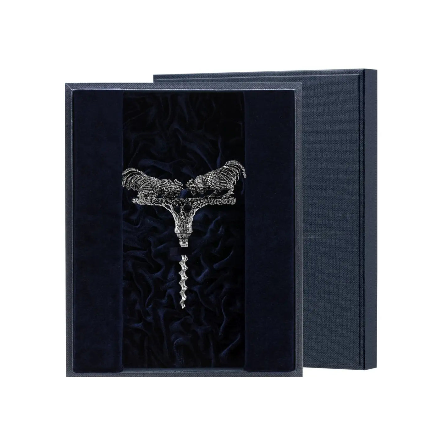 Korkenzieher Hahn 925 Silber im Premium-Etui — stoffbezogenes Geschenketui mit Samt-Innenfutter Marineblau, geöffnet, ArgentA Souvenir-Linie Von der Seele