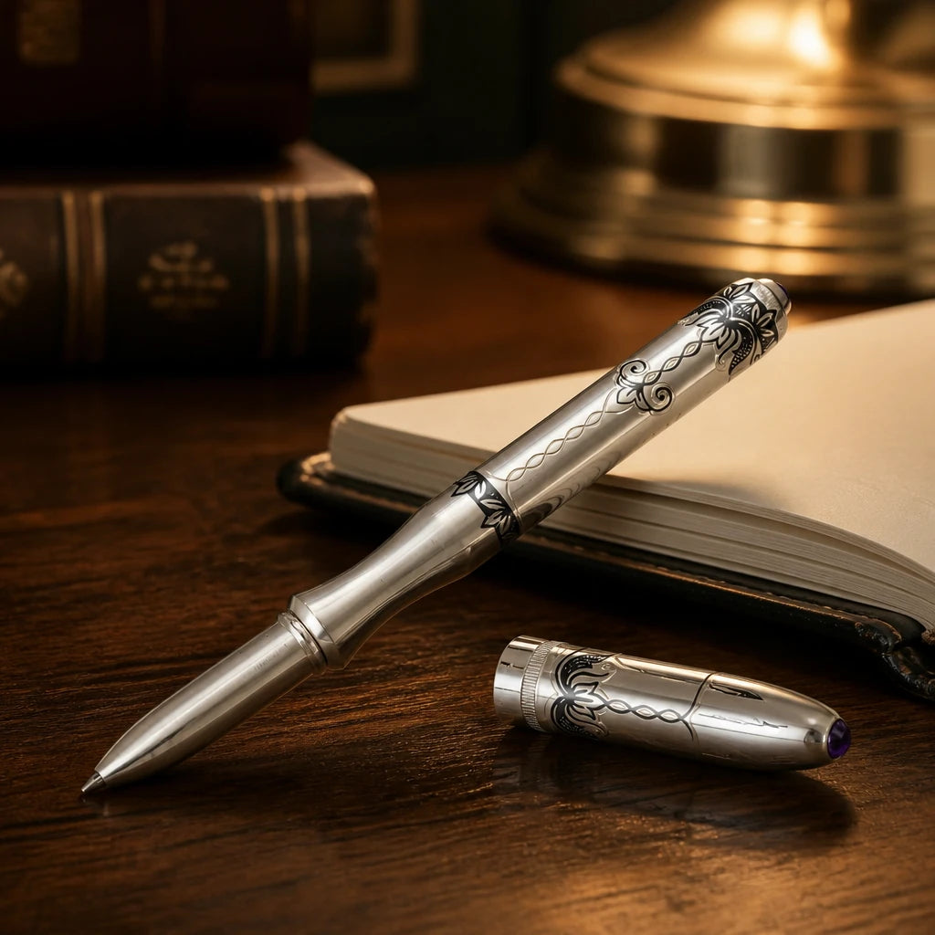 Kugelschreiber 925 Silber Nielloa Prestige mit Amethyst auf Walnuss-Schreibtisch, aufgeschlagenes Notizbuch und Messinglampe — Lifestyle