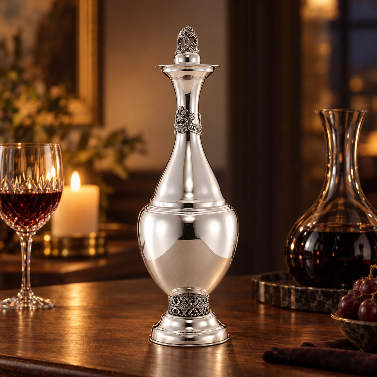 Likörkaraffe 925 Silber mit Verschluss — Lifestyle-Setting am Weintisch