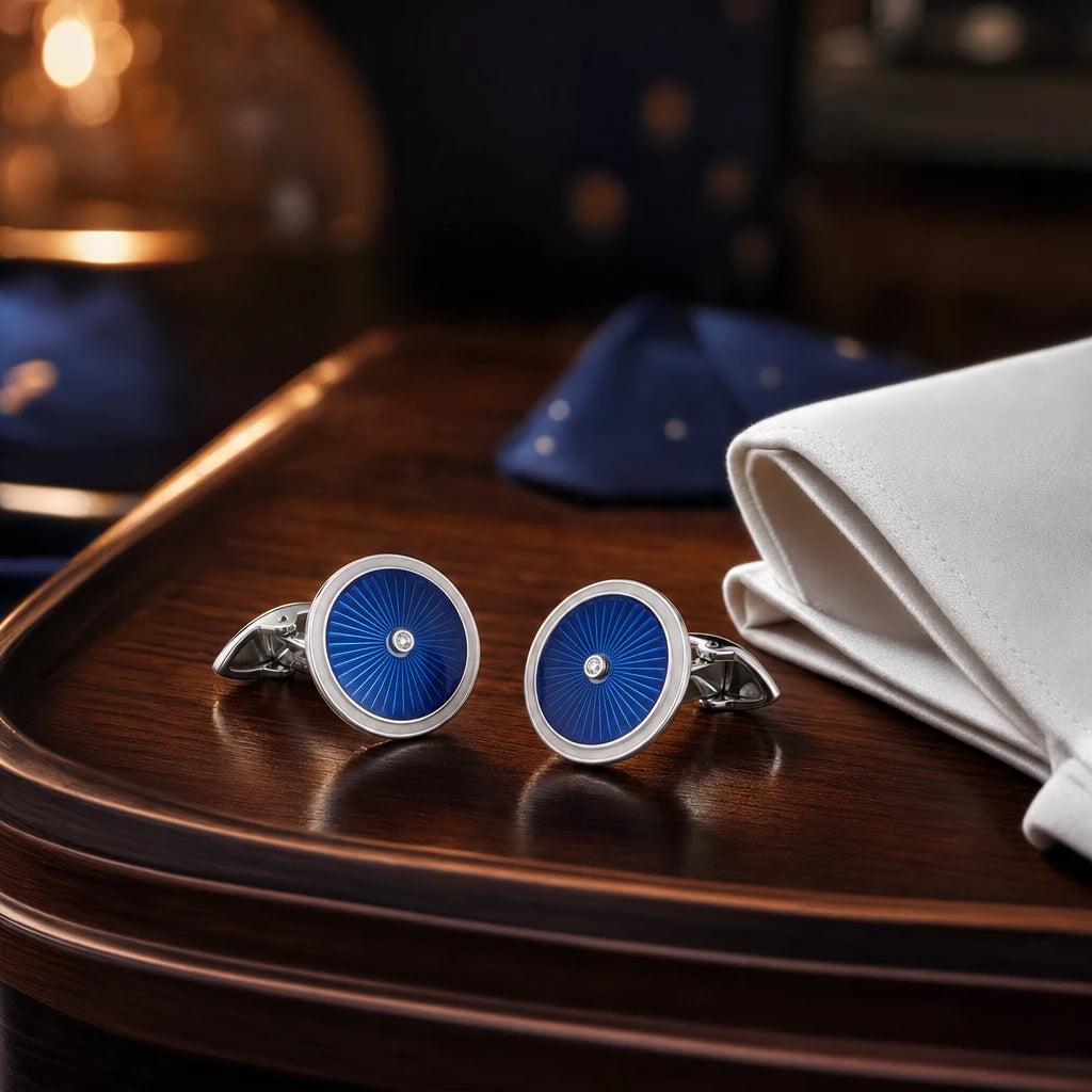 Luxus Manschettenknöpfe 925 Silber mit blauer Guilloche-Emaille und Diamant auf edlem Holztisch neben weißem Einstecktuch — Lifestyle