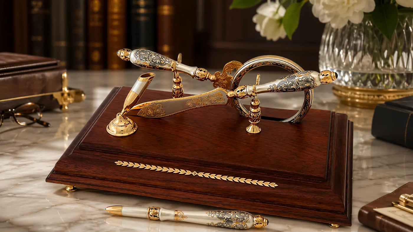 Luxus Schreibset aus 925 Silber mit Niello Gravur und Vergoldung auf Holzsockel – edle Geschenkidee für besondere Momente