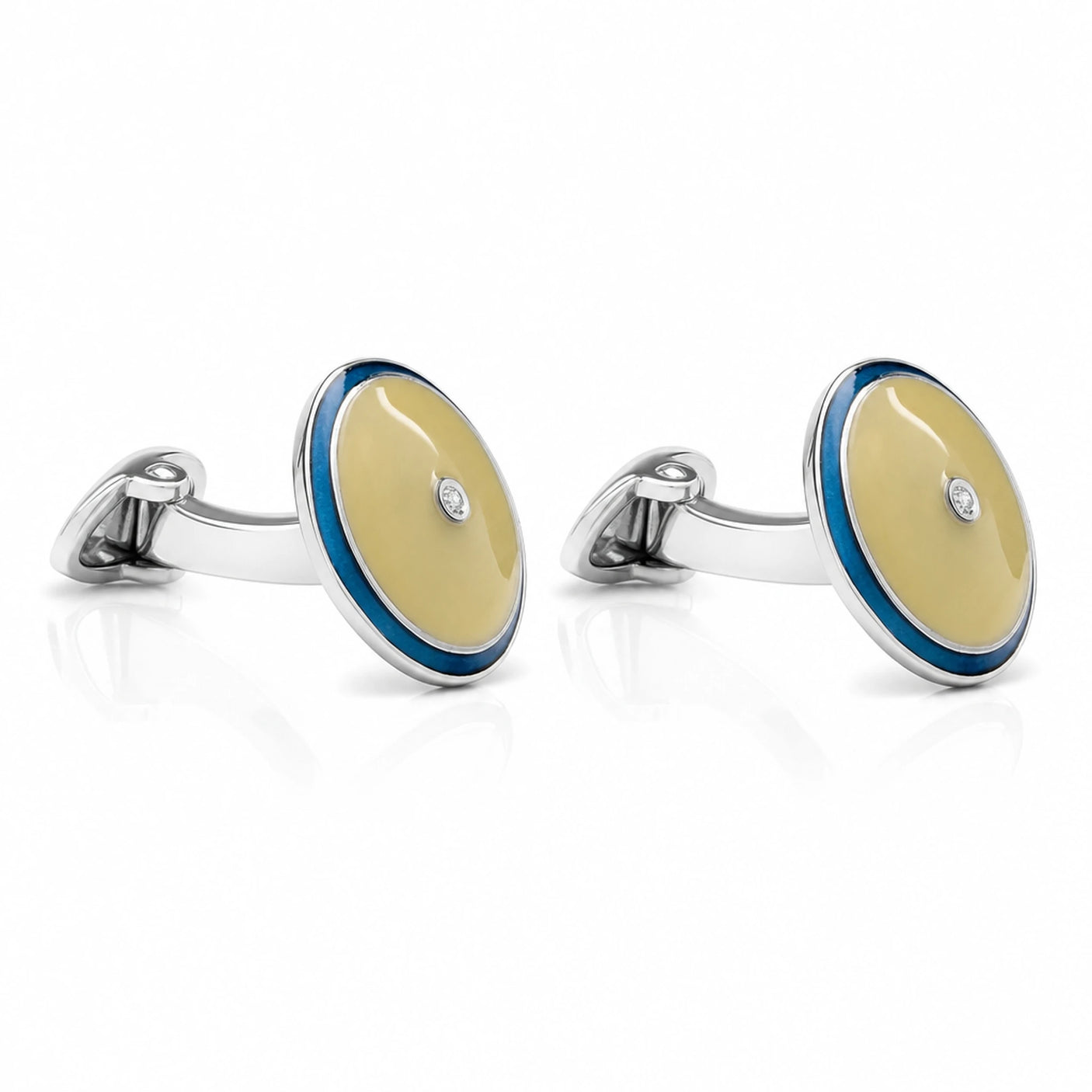 Manschettenknöpfe 925 Silber Guilloché-Emaille beige — Paar mit blauem Rand, Diamant und Klappbügel