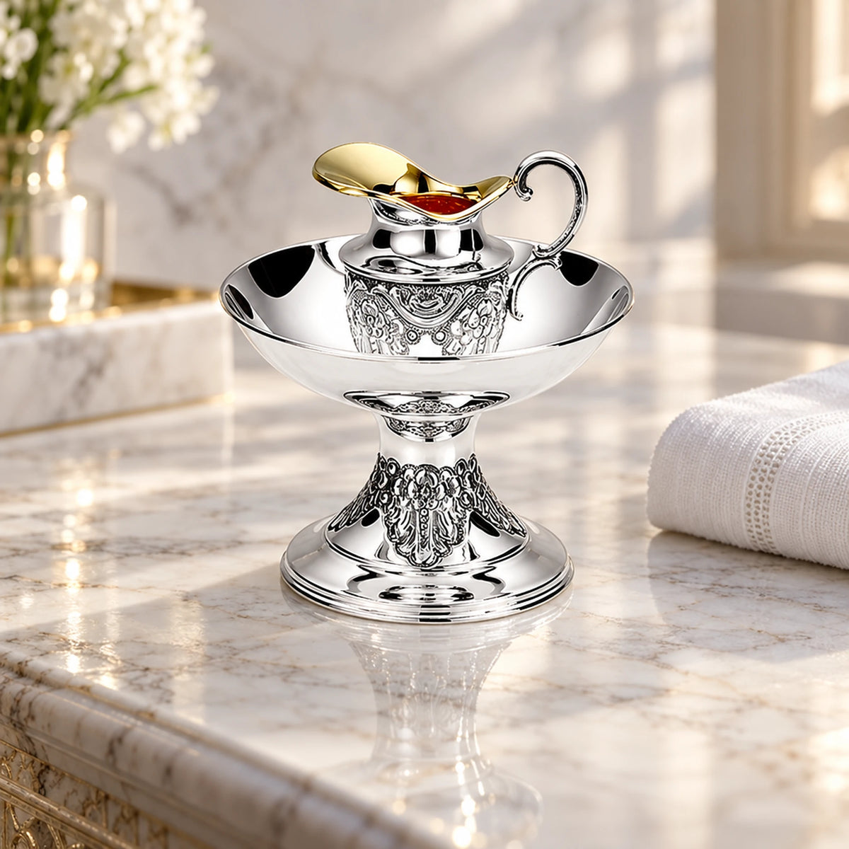 Mayim Achronim Set 925 Silber Signature — Lifestyle-Setting mit Leinenhandtuch