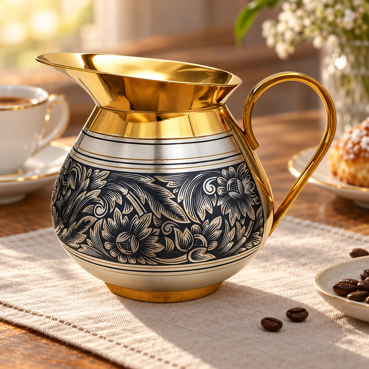 Milchkännchen 925 Silber vergoldet Niello — Lifestyle-Setting am Kaffeetisch