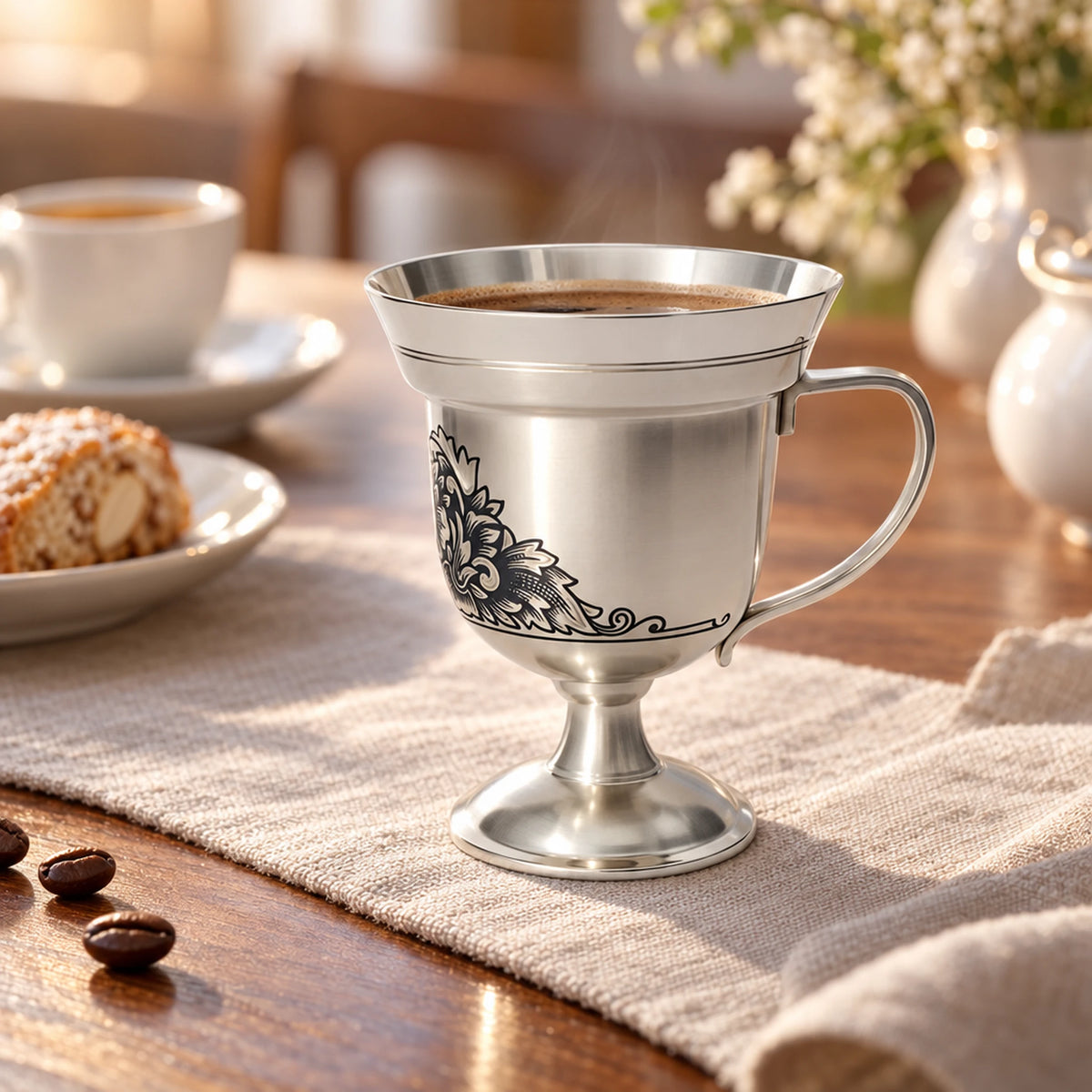 Silber Mokka-Tasse 925 Niello 60 ml — Lifestyle-Setting am Kaffeetisch