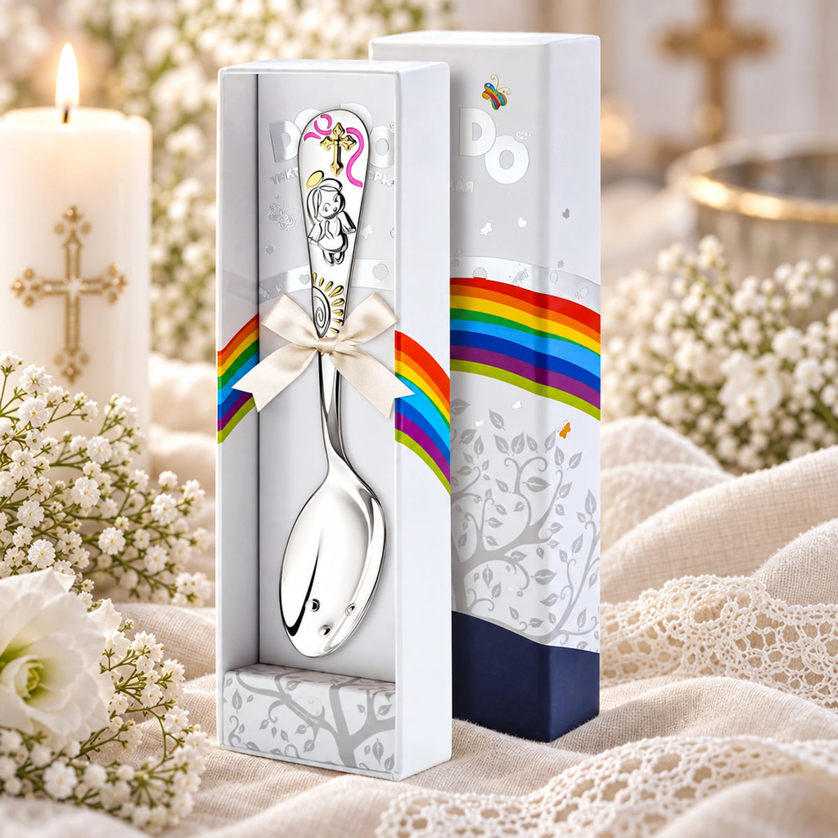 Tauflöffel 925 Silber Schutzengel in Rosa und Gold in der Geschenkkassette — Lifestyle-Setting, Geschenk zur Taufe