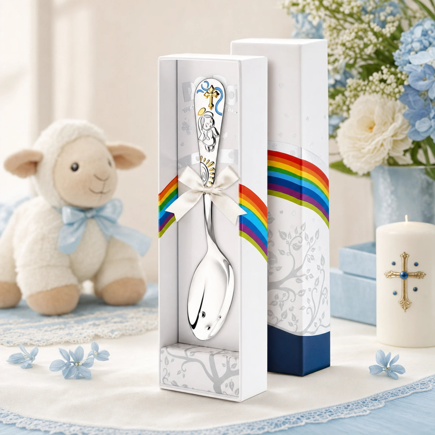 Orthodox Tauflöffel 925 Silber mit Schutzengel-Motiv in Blau-Gold — Lifestyle-Setting, Geschenk zur Taufe für Jungen