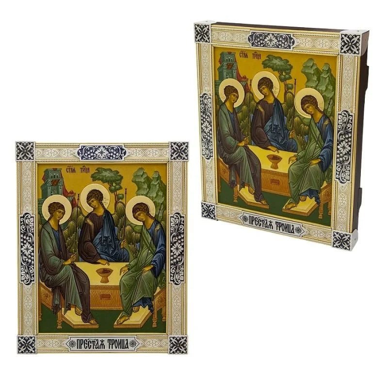Orthodoxe Ikone Heilige Dreifaltigkeit 925 Silber Niello — drei Engel am Tisch in Gold und Silber, Frontal- und Schrägansicht