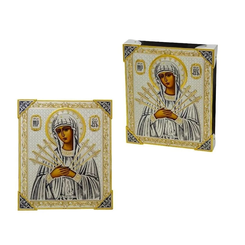 Orthodoxe Ikone Mutter Gottes 925 Silber Niello vergoldet — Marienfigur mit Goldstrahlen, Frontal- und Schrägansicht im Rahmen