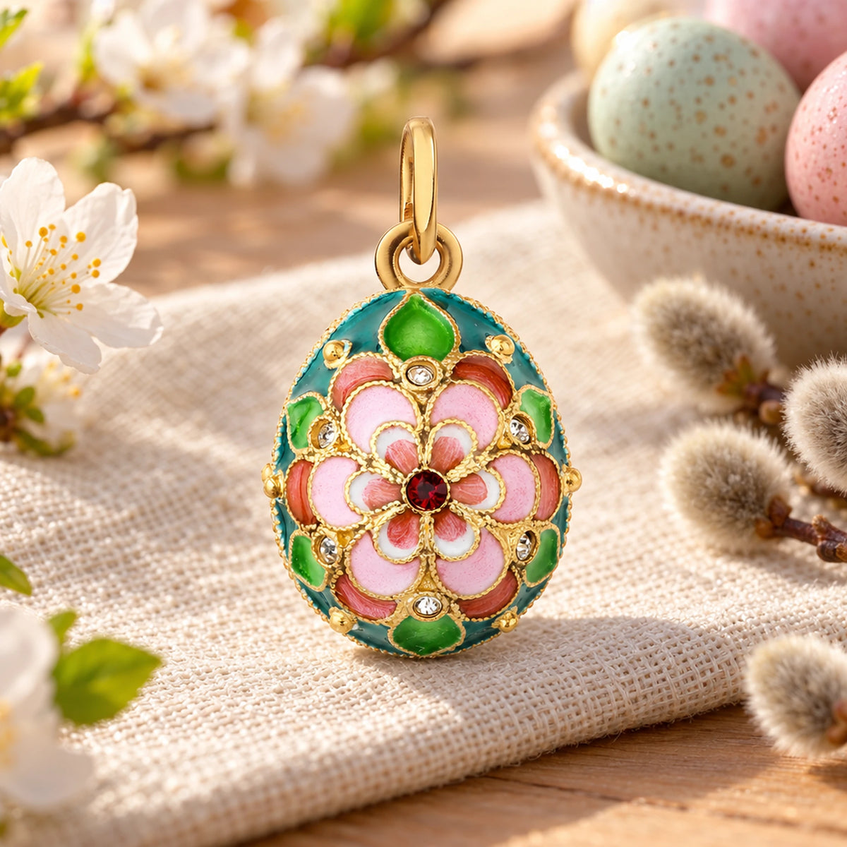 Osteranhänger Blumenzauber Rosa — Lifestyle-Setting am Ostertisch