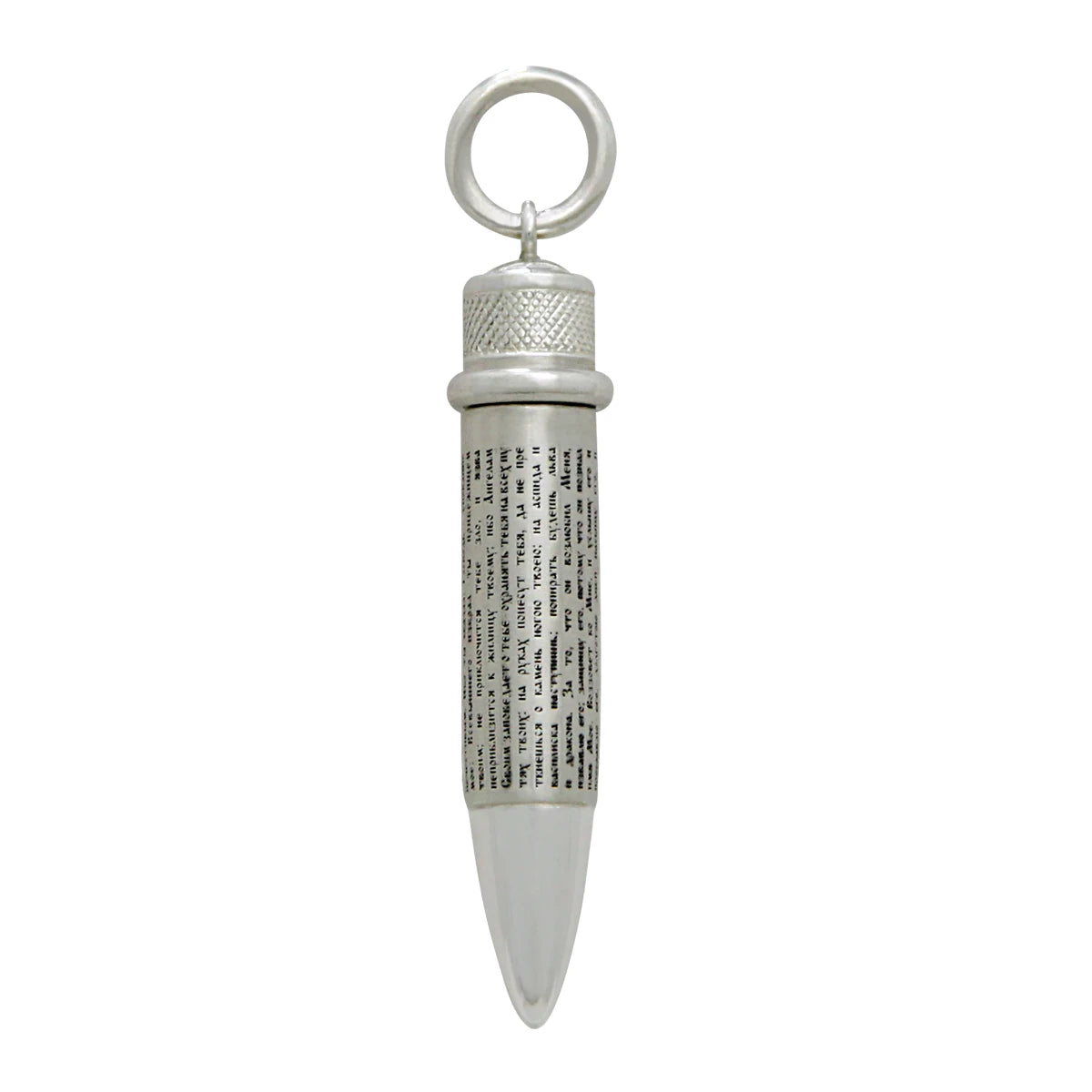 Patronen-Anhänger 925 Silber mit Psalm 91 — Hülse mit geschwärztem Gebetstext, Kappe mit Rautenmuster, polierte Spitze