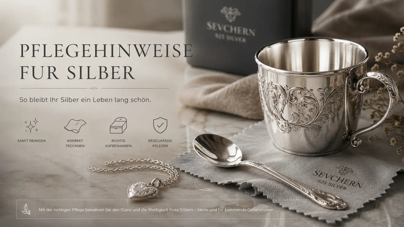 Hero Banner für Pflegehinweise von 925 Sterling Silber mit edlem Silberbecher, Silberlöffel und Silberpflege im luxuriösen SilberKosmos Ambiente.