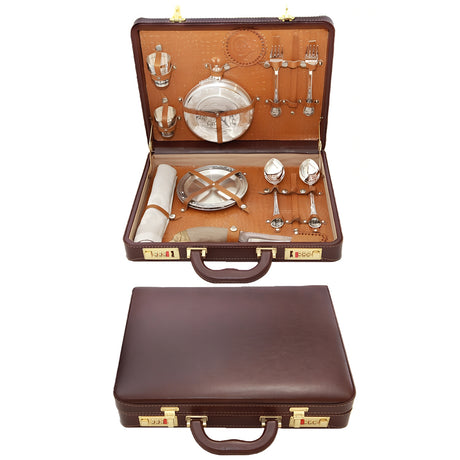 Brauner Leder-Picknickkoffer mit 2-teiligem Silberbesteck-Set und Tellern – 925 Silber, elegantes Nostalgie-Design.