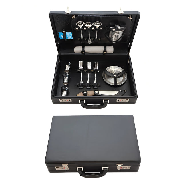 Schwarzer Picknickkoffer mit 3-teiligem Silberbesteck-Set, Teller & Flachmann – 925 Silber, für stilbewusste Outdoor-Fans.