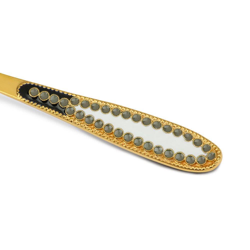 Vergoldeter Kaffeelöffel aus 925 Silber mit violett-weißem Emaille-Dekor – handgearbeitetes Silberbesteck mit edlem Design.