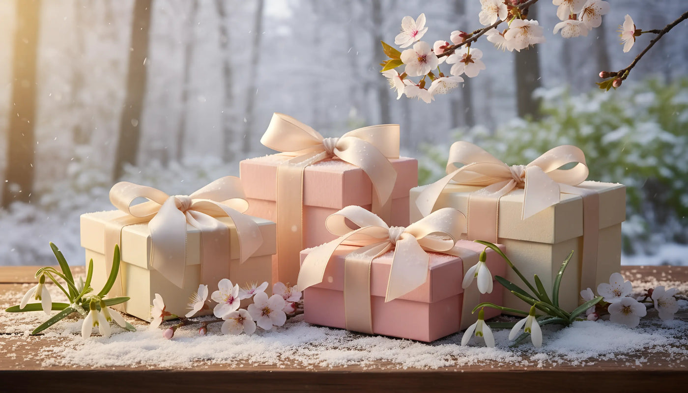 Elegante Geschenkboxen in zarten Rosé- und Cremetönen mit Schleifen, umgeben von Frühlingsblüten und Schnee – stilvolle Geschenkideen für besondere Anlässe entdecken.