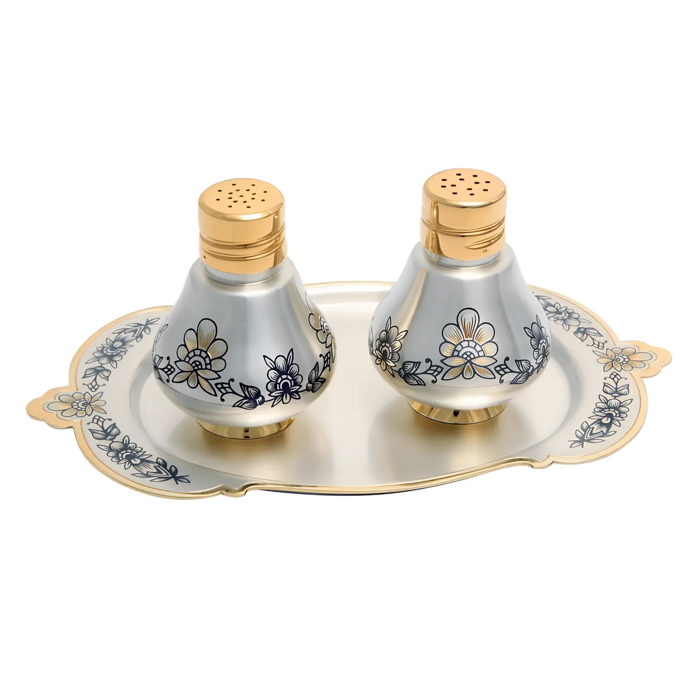 Salz Pfefferstreuer Set Astra Classic: 925 Sterling Silber mit vollvergoldeten Deckeln, umlaufenden Niello-Blumenbändern, ovalem Tablett