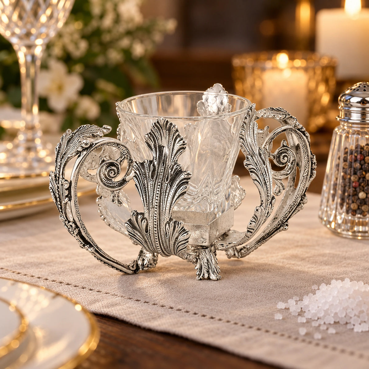 Salzgefäß 925 Silber mit Kristalleinsatz — Lifestyle-Setting an der festlichen Tafel