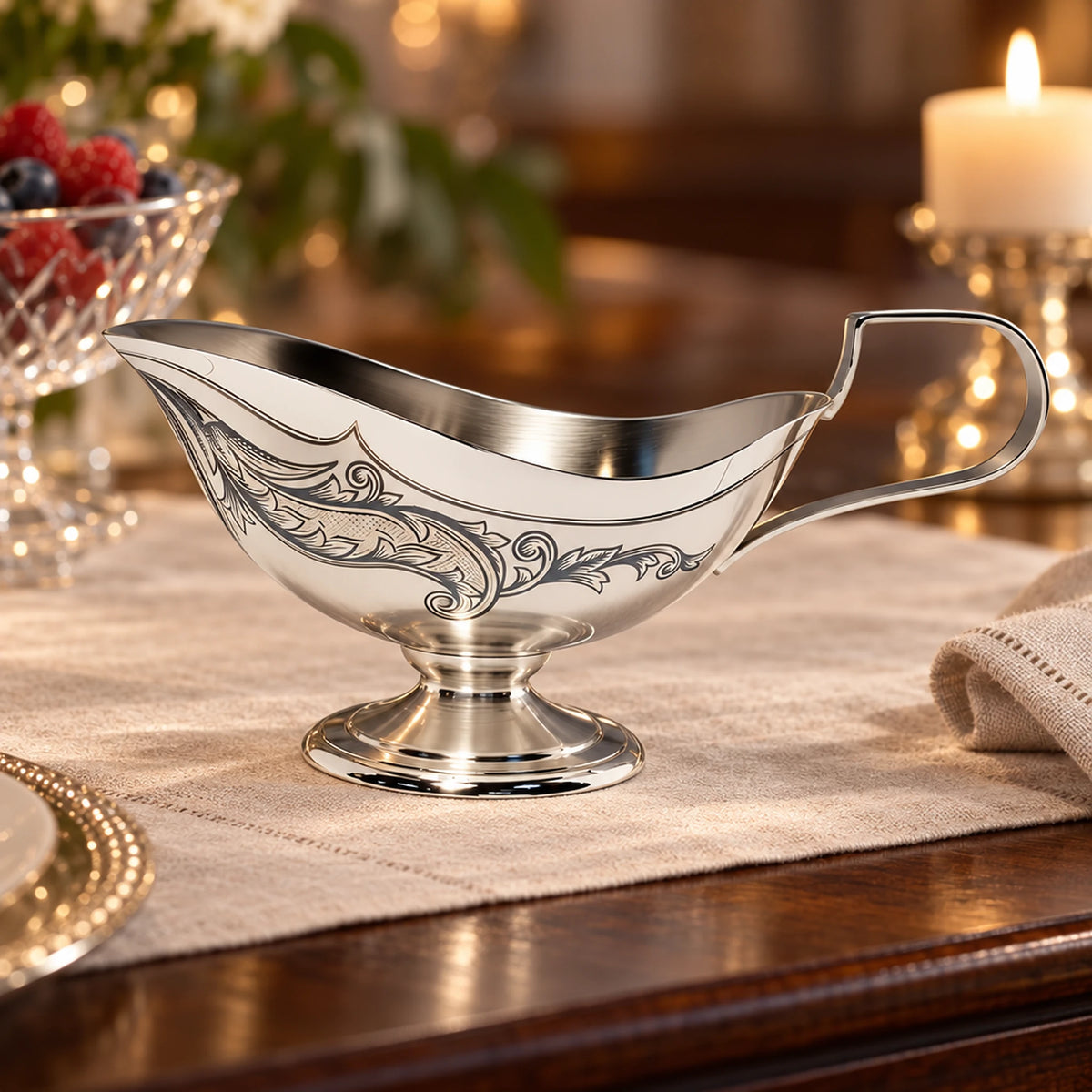 Sauciere 925 Silber Merchant Niello — Lifestyle-Setting am Serviertisch