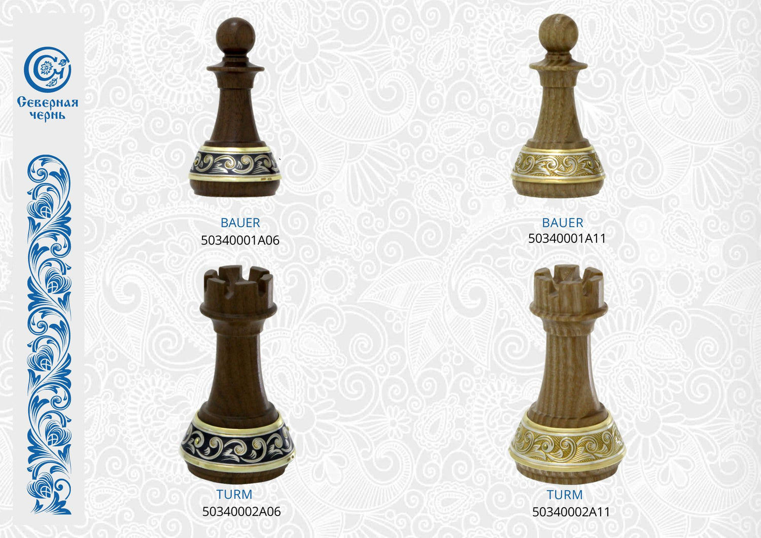 Handgefertigte Schachfiguren aus Edelholz mit 925 Silber, Niello und Goldverzierungen – kunstvolle Verarbeitung für Sammler