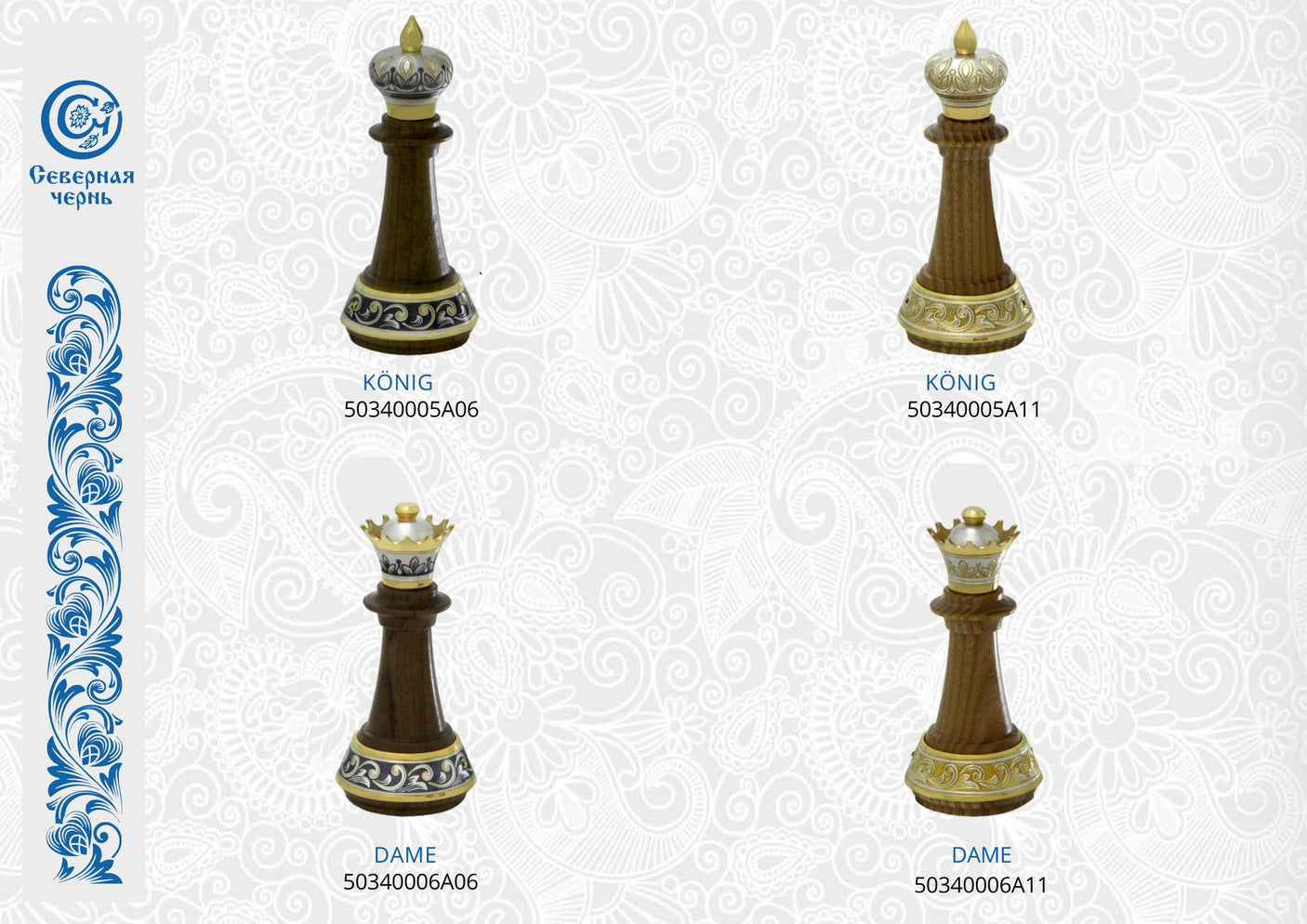 Handgefertigte Schachfiguren aus Edelholz mit 925 Silber, Niello und Goldverzierungen – kunstvolle Verarbeitung für Sammler