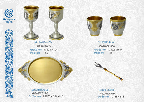 Exklusive Schnapsgläser und Serviertablett mit 925 Silber, Niello und Vergoldung – Zubehör zum Schach-Minibar Set.