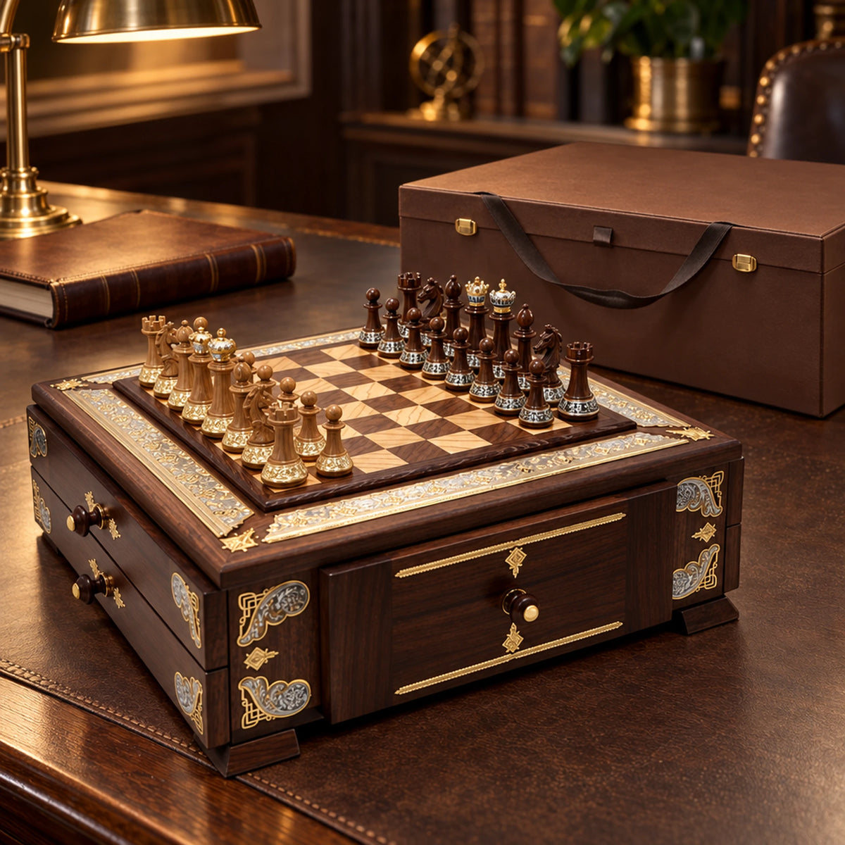 Schach Minibar „Großmeister" — Lifestyle-Setting am Schreibtisch