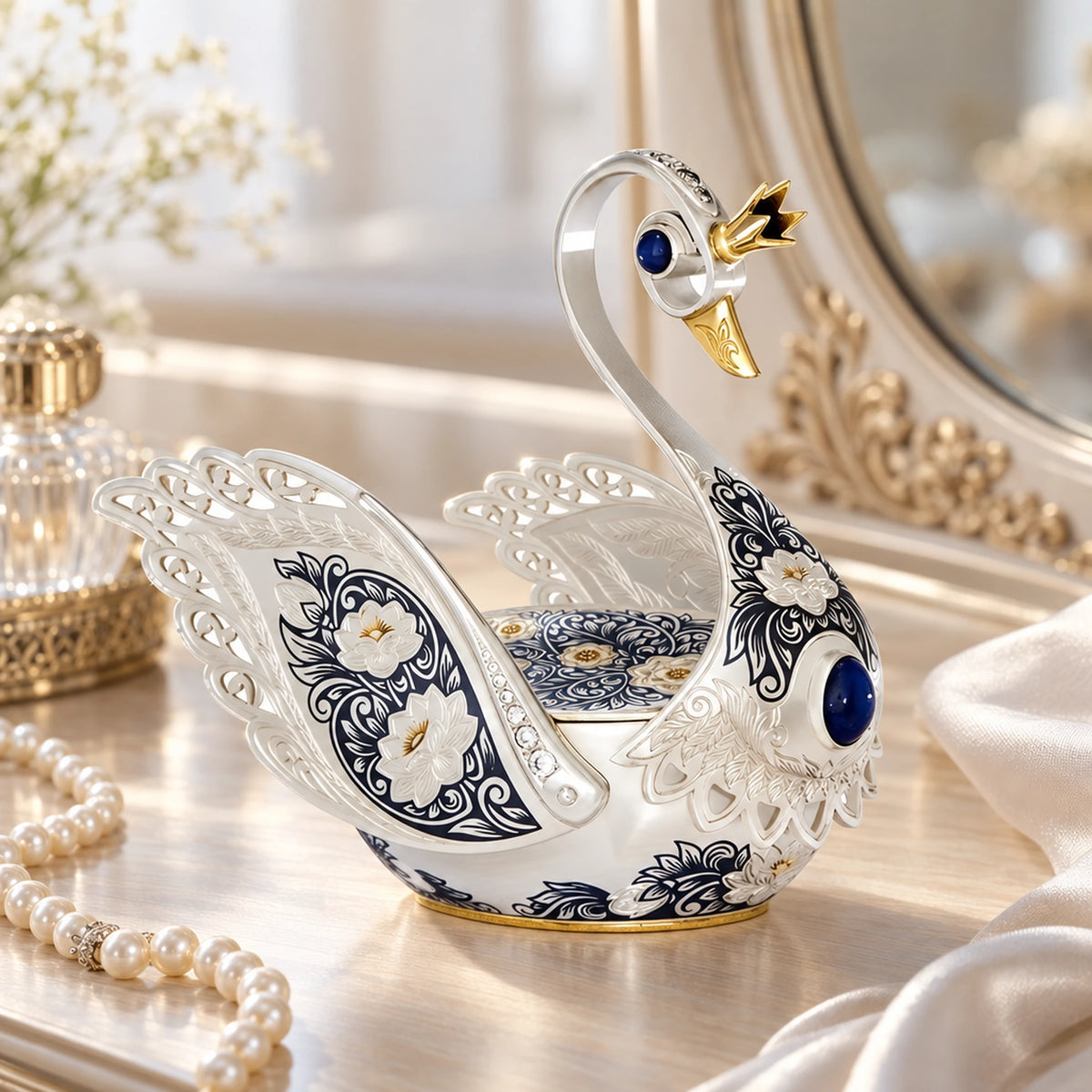 Schmuckschatulle Der Schwan" 925 Silber — Lifestyle-Setting auf dem Frisiertisch